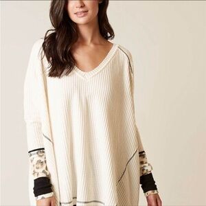 Free People Cream V-Neck Sweater with Leopard Details